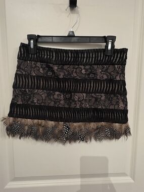 BEBE Black Lace & Feather Trim Mini Skirt